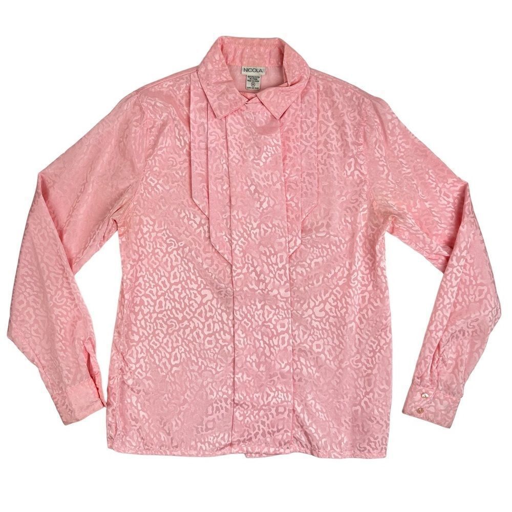 Vintage 1980s Pink Leopard Pleated Bohemian Secretary Blouse by Nicola Size 6
